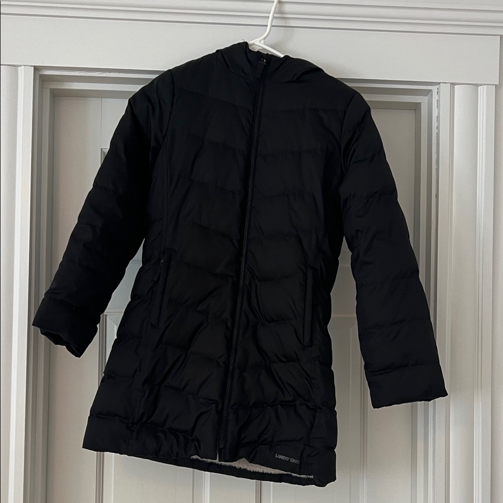 Lands' End Girls Long Black Puffer Faux Fur Lined Hooded Parka Coat
